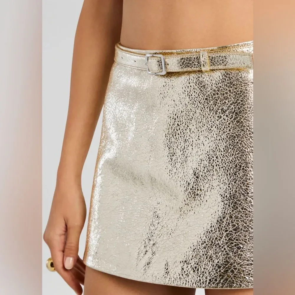 NWT RETROFÊTE ANNIE LEATHER mini skirt in GOLD (no belt)